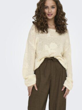 ONLY Cream Textured Knit Sweater XXL Balloon Sleeve Cozy Boho Pullover NWT